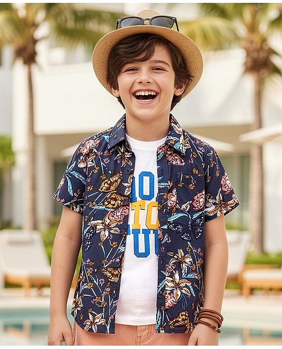 Pine Kids Viscose Woven Half Sleeves Butterfly Printed Shirt With Inner Tee - Navy Blue