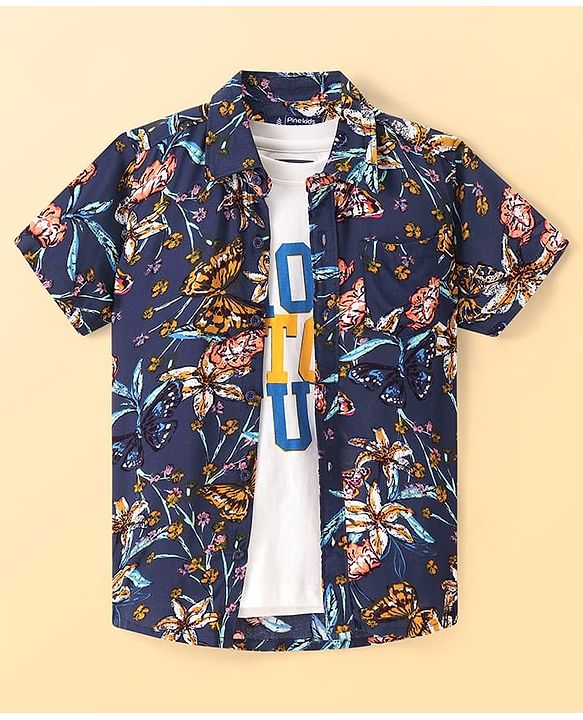 Pine Kids Viscose Woven Half Sleeves Butterfly Printed Shirt With Inner Tee - Navy Blue