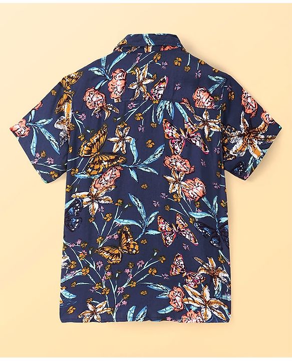 Pine Kids Viscose Woven Half Sleeves Butterfly Printed Shirt With Inner Tee - Navy Blue