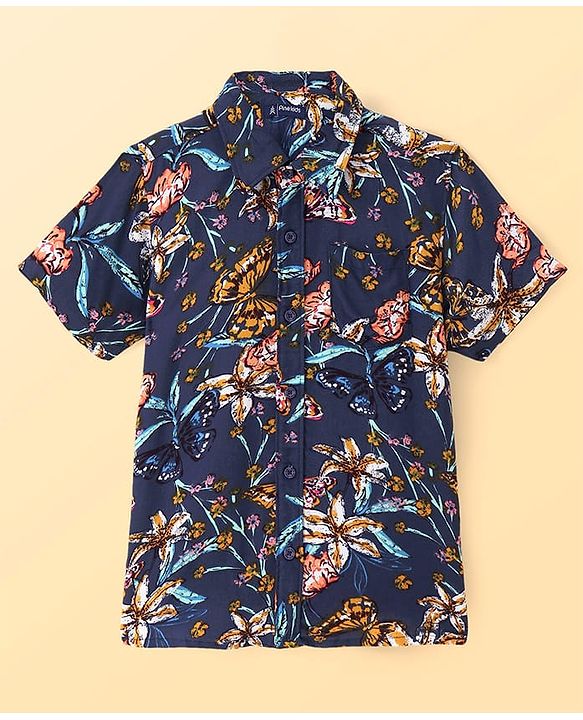 Pine Kids Viscose Woven Half Sleeves Butterfly Printed Shirt With Inner Tee - Navy Blue