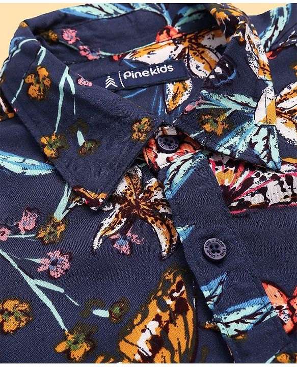 Pine Kids Viscose Woven Half Sleeves Butterfly Printed Shirt With Inner Tee - Navy Blue