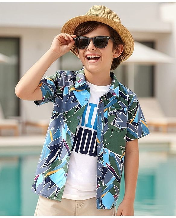 Pine Kids Viscose Woven Half Sleeves Abstract Printed Shirt With Inner Tee - Grey