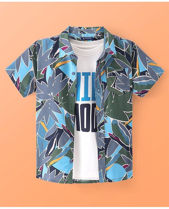 Pine Kids Viscose Woven Half Sleeves Abstract Printed Shirt With Inner Tee - Grey