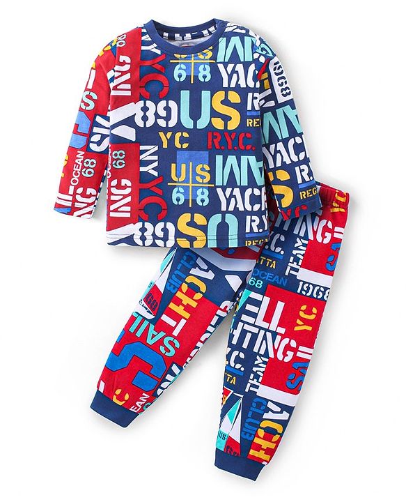 Babyhug Cotton Knit Full Sleeves Night Suit with Text Print - Multicolor