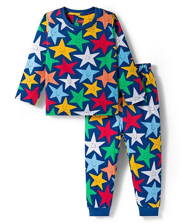 Babyhug Cotton Knit Full Sleeves Night Suit With Star Print - Navy Blue