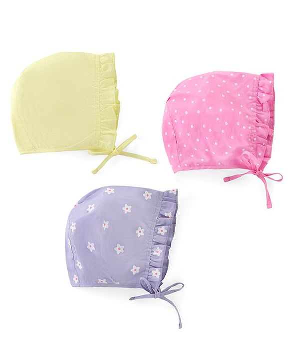 Babyhug Cambric Woven Cap with Knot Polka Dot & Floral Print Pack of 3 - Multicolor