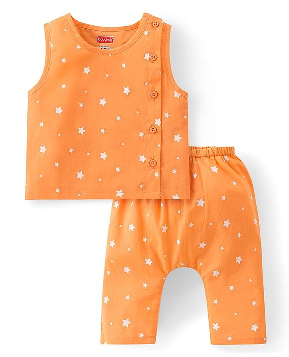 Babyhug 100% Cotton Sleeveless Jhabla & Pyjama Set Polka Dots Print - Orange