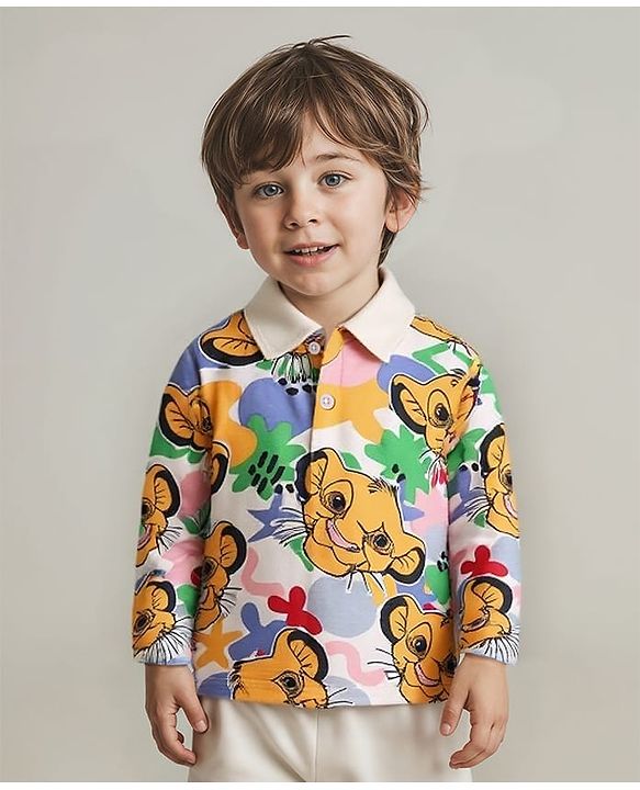 Babyhug Disney Single Jersey Knit Full Sleeves Polo T-Shirt with Lion King Print - White