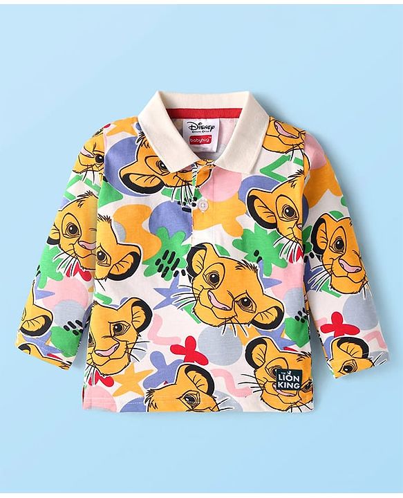 Babyhug Disney Single Jersey Knit Full Sleeves Polo T-Shirt with Lion King Print - White