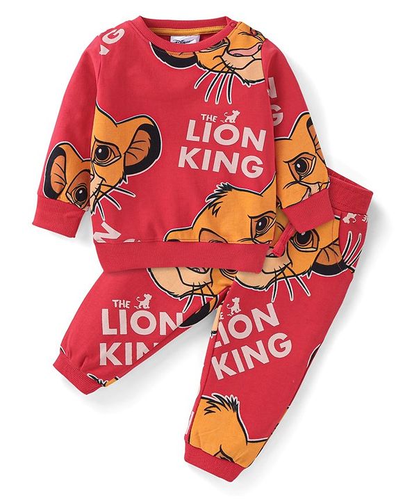 Babyhug Disney Terry Knit Full Sleeves T-Shirt & Lounge Pants Co-Ord Set With Lion King Graphics - Red
