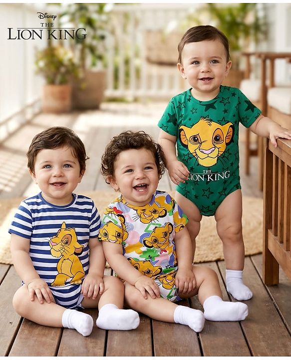 Babyhug Disney Interlock Knit Half Sleeves Striped & The Lion King Printed Onesies Pack of 3 - Green & White