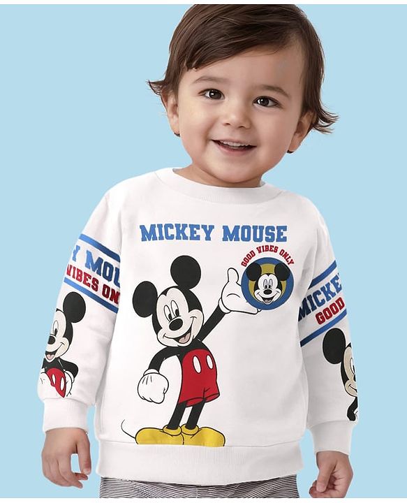 Babyhug Disney Terry Knit Full Sleeves Sweatshirt with Mickey Mouse Graphics - White
