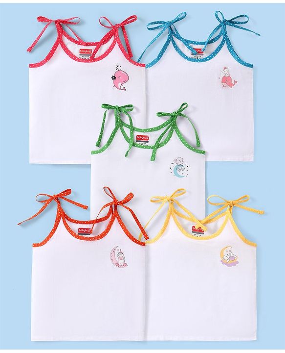 Babyhug 100% Cotton Shoulder Tie Knot Jhablas with Sea Life & Unicorn Print Pack of 5 - White