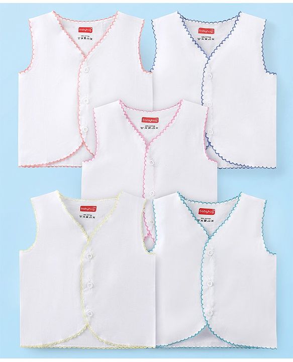 Babyhug 100% Cotton Woven Sleeveless Front Open Solid Color Jhabla Pack of 5- White