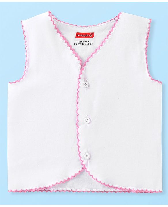 Babyhug 100% Cotton Woven Sleeveless Front Open Solid Color Jhabla Pack of 5- White