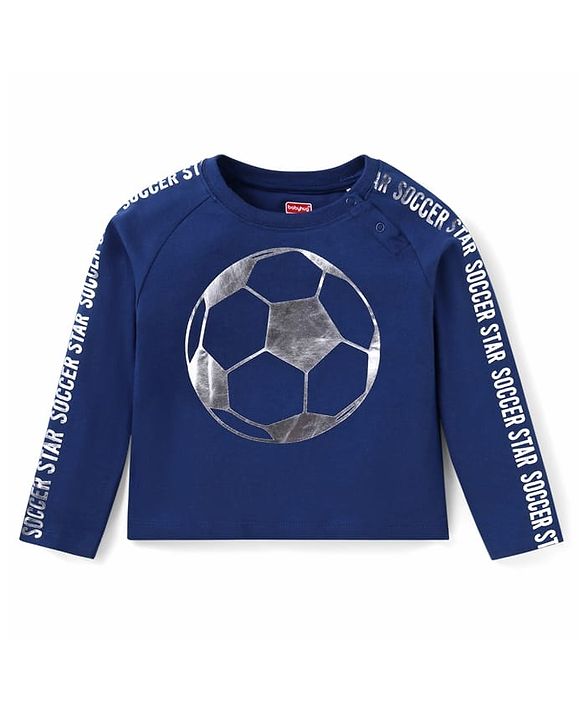 Babyhug Cotton Knit Full Raglan Sleeves Foil & Football Print T-Shirt - Navy Blue