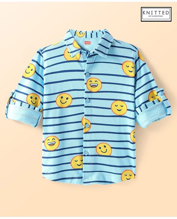Babyhug Cotton Pique Textured Knit Full Sleeves Striped Shirt With Emojis Print - Light Blue