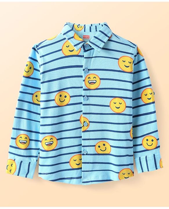 Babyhug Cotton Pique Textured Knit Full Sleeves Striped Shirt With Emojis Print - Light Blue