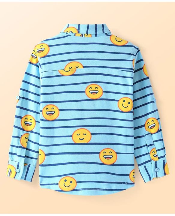 Babyhug Cotton Pique Textured Knit Full Sleeves Striped Shirt With Emojis Print - Light Blue