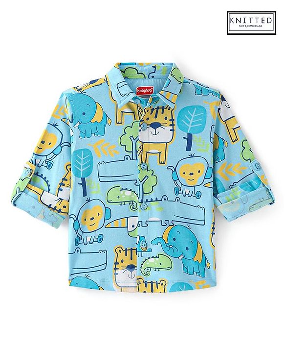Babyhug Cotton Knit Full Sleeves Animal Printed Shirt - Blue
