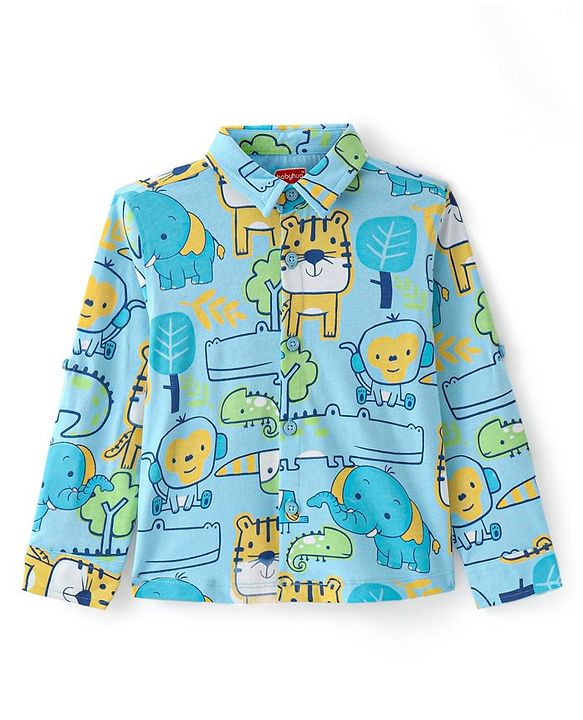 Babyhug Cotton Knit Full Sleeves Animal Printed Shirt - Blue