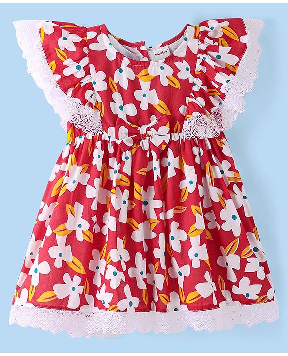 Babyhug Cotton Woven Frill Sleeves Frock With Lace Detailing Floral Print & Bow Applique- Multicolor