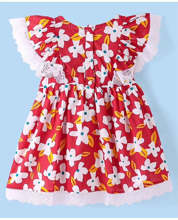 Babyhug Cotton Woven Frill Sleeves Frock With Lace Detailing Floral Print & Bow Applique- Multicolor