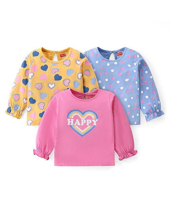 Babyhug Cotton Knit Full Sleeves Top with Heart & Polka Dot Print Pack of 3 - Multicolor