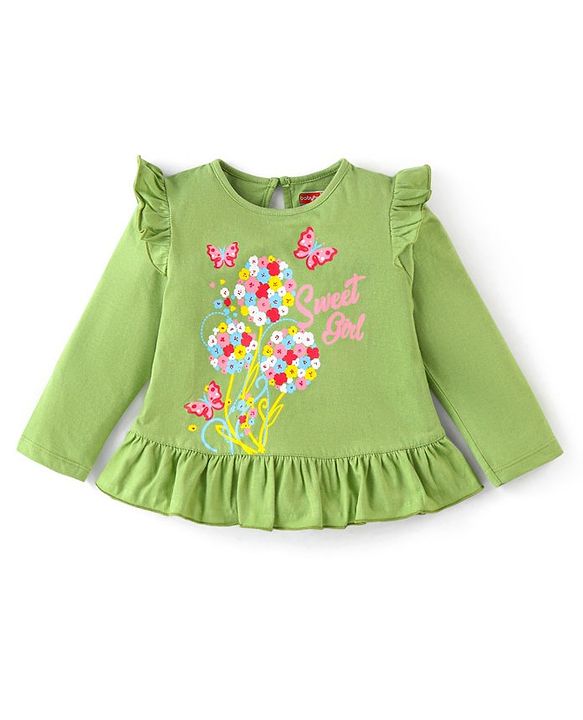 Babyhug 100% Cotton Knit Full Sleeves Top with Floral Grapics & Frill Detailing - Green