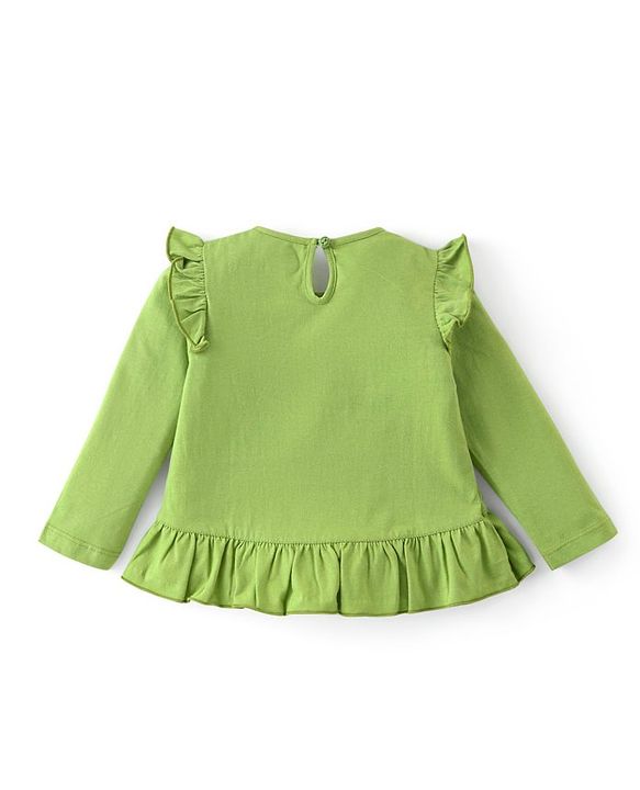 Babyhug 100% Cotton Knit Full Sleeves Top with Floral Grapics & Frill Detailing - Green