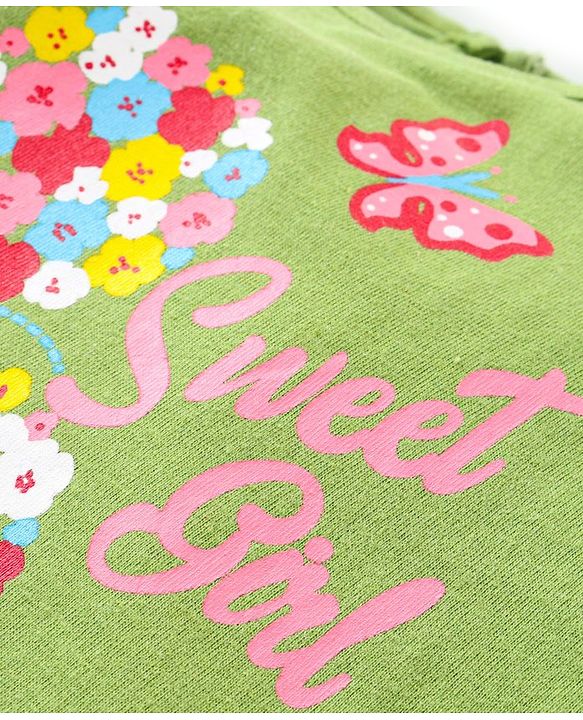 Babyhug 100% Cotton Knit Full Sleeves Top with Floral Grapics & Frill Detailing - Green