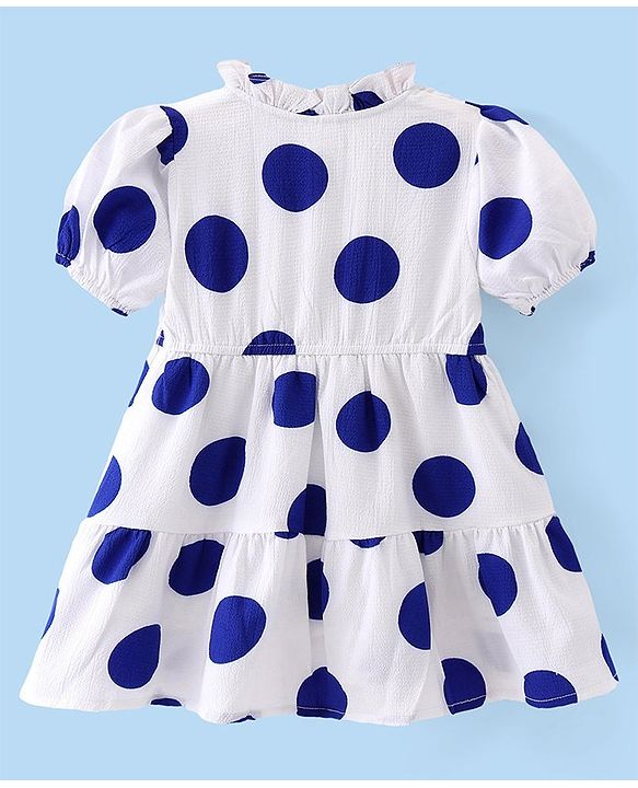 Babyhug 100% Cotton Woven Half Sleeves  Tiered Frock with Boby Print - White & Blue