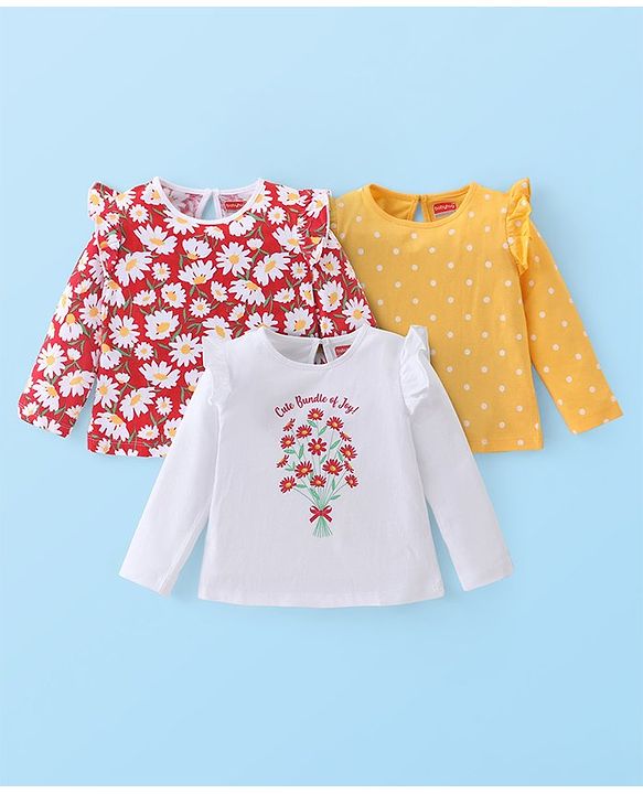 Babyhug Cotton Knit Full Sleeves Top with Frill Detailing & Floral Print  Pack of 3 - Multicolor