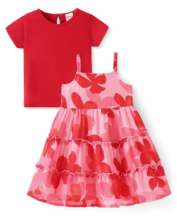 Babyhug Cotton Knit Half Sleeves Tiered Floral Printed Frock with Inner T-Shirt - Red