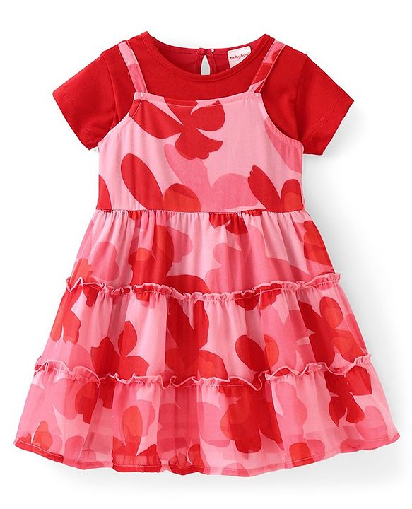 Babyhug Cotton Knit Half Sleeves Tiered Floral Printed Frock with Inner T-Shirt - Red