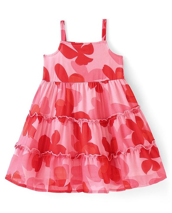 Babyhug Cotton Knit Half Sleeves Tiered Floral Printed Frock with Inner T-Shirt - Red