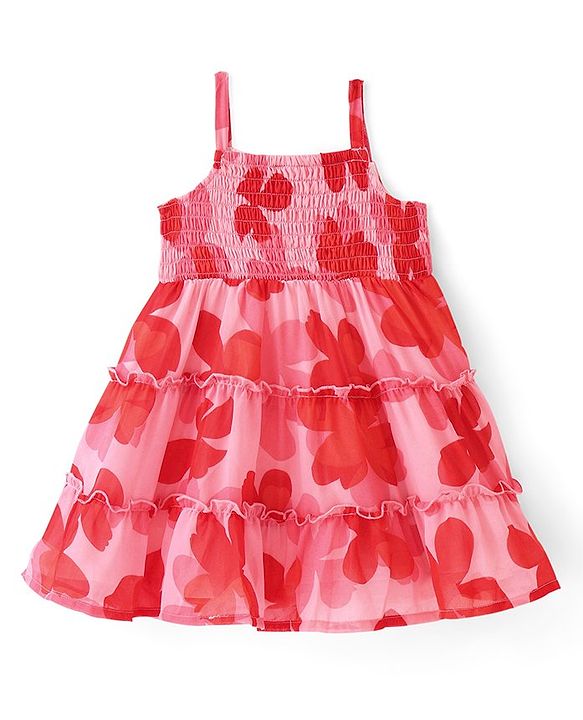 Babyhug Cotton Knit Half Sleeves Tiered Floral Printed Frock with Inner T-Shirt - Red