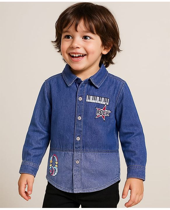 Babyhug Cotton Woven Full Sleeves Regular Collar Washed Denim Shirt with Ear Phone Embroiderey- Blue