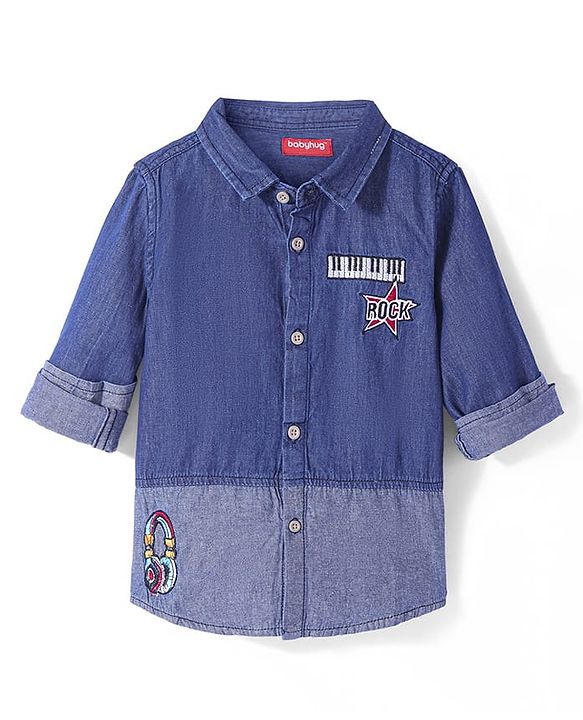 Babyhug Cotton Woven Full Sleeves Regular Collar Washed Denim Shirt with Ear Phone Embroiderey- Blue