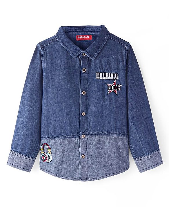 Babyhug Cotton Woven Full Sleeves Regular Collar Washed Denim Shirt with Ear Phone Embroiderey- Blue