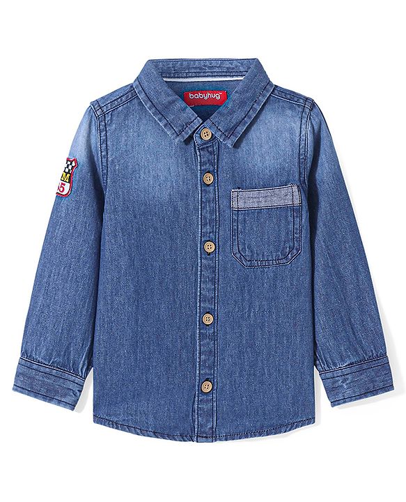 Babyhug Cotton Woven Full Sleeves Denim Shirt with Pocket - Dark Blue