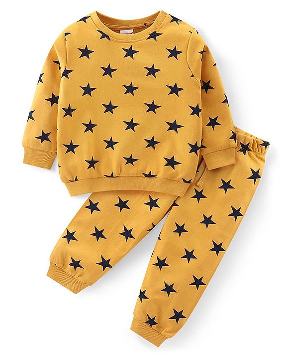 Babyhug Cotton Knit Full Sleeves Night Suit with Star Print - Yellow