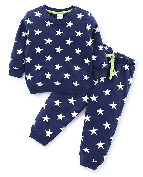 Babyhug Cotton Knit Full Sleeves Night Suit With Star Print - Navy Blue