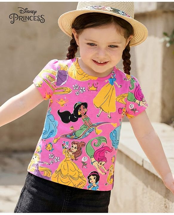 Babyhug Disney Single Jersey Knit Half Sleeves T-Shirt with Disney Princess Print -Pink