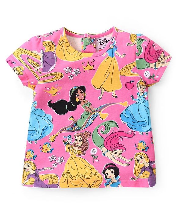 Babyhug Disney Single Jersey Knit Half Sleeves T-Shirt with Disney Princess Print -Pink