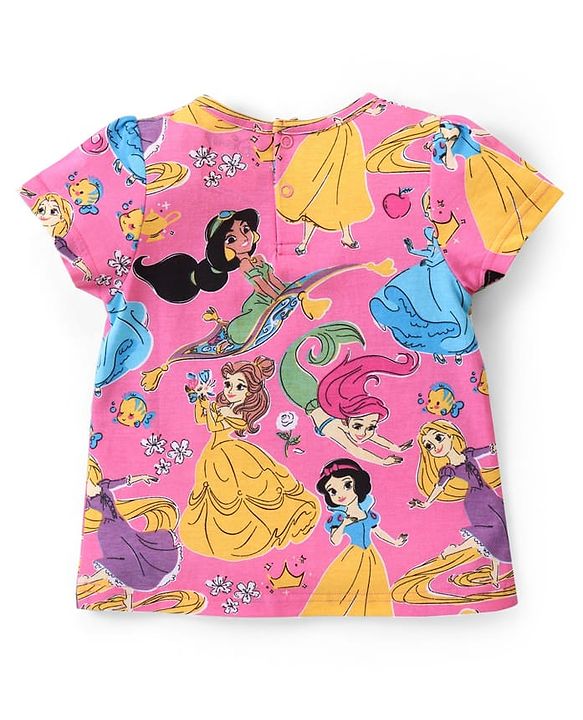 Babyhug Disney Single Jersey Knit Half Sleeves T-Shirt with Disney Princess Print -Pink