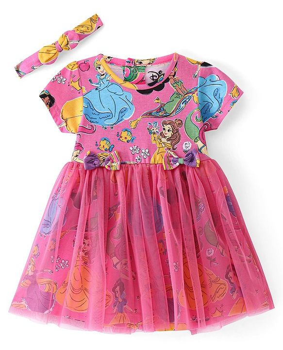 Babyhug Disney Cotton Knit Half Sleeves Mesh Overlay Princess Printed Frock With Bow & Headband - Pink