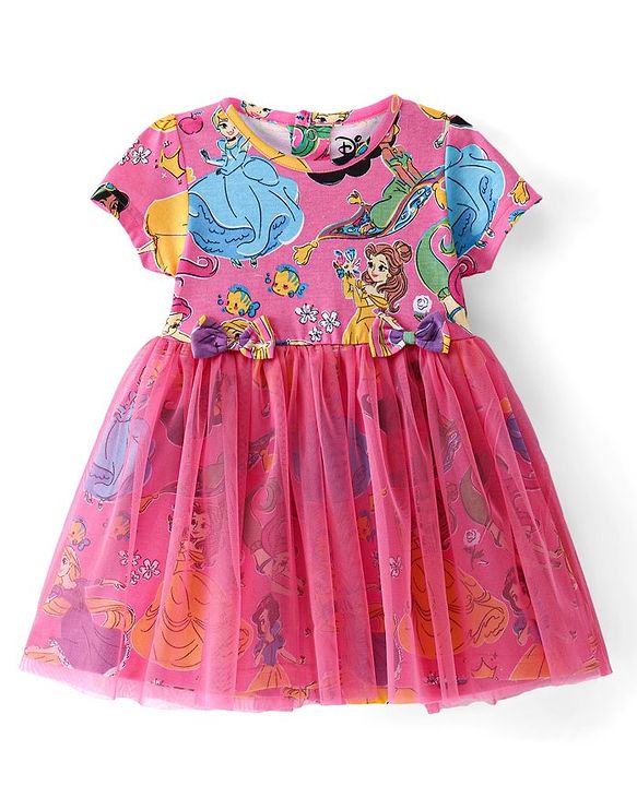 Babyhug Disney Cotton Knit Half Sleeves Mesh Overlay Princess Printed Frock With Bow & Headband - Pink