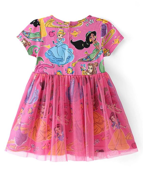 Babyhug Disney Cotton Knit Half Sleeves Mesh Overlay Princess Printed Frock With Bow & Headband - Pink