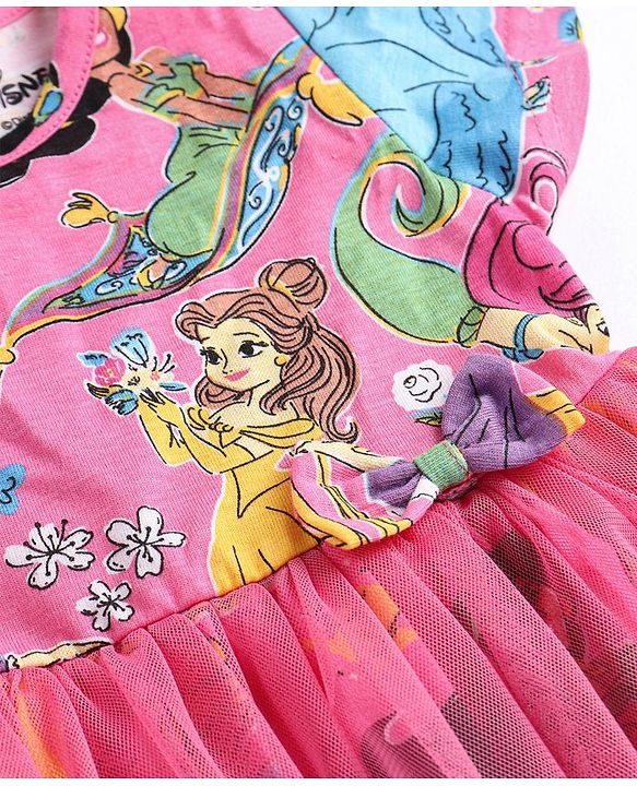 Babyhug Disney Cotton Knit Half Sleeves Mesh Overlay Princess Printed Frock With Bow & Headband - Pink